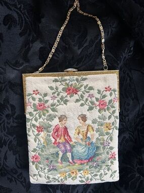 Vintage Delill Tapestry Handbag- Pastoral Courting Scene with Porcelain Clasp